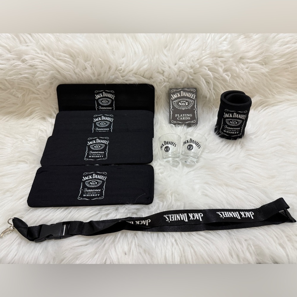 Jack Daniel's Bar Accessories Set slap koozies, shot glasses, cards, lanyard